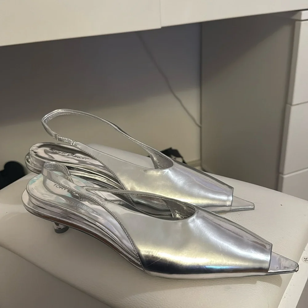 Tory Burch Silver Metallic Slingback Kitten Heels